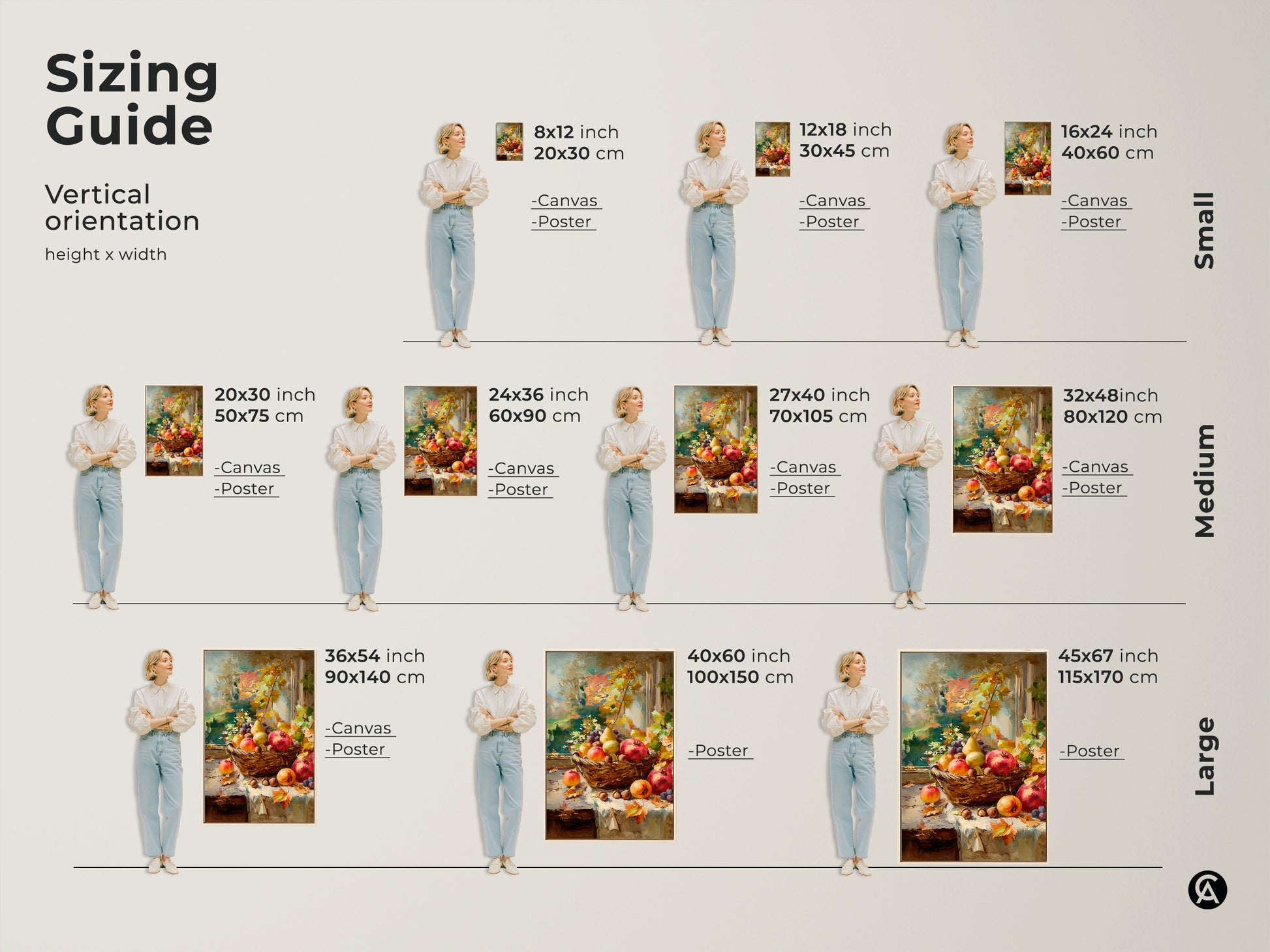 Sizing guide for a vertical still life artwork featuring autumn fruits. Available in small medium and large sizes. Canvas and poster options available. Find the perfect size to fit your space and enhance your decor.