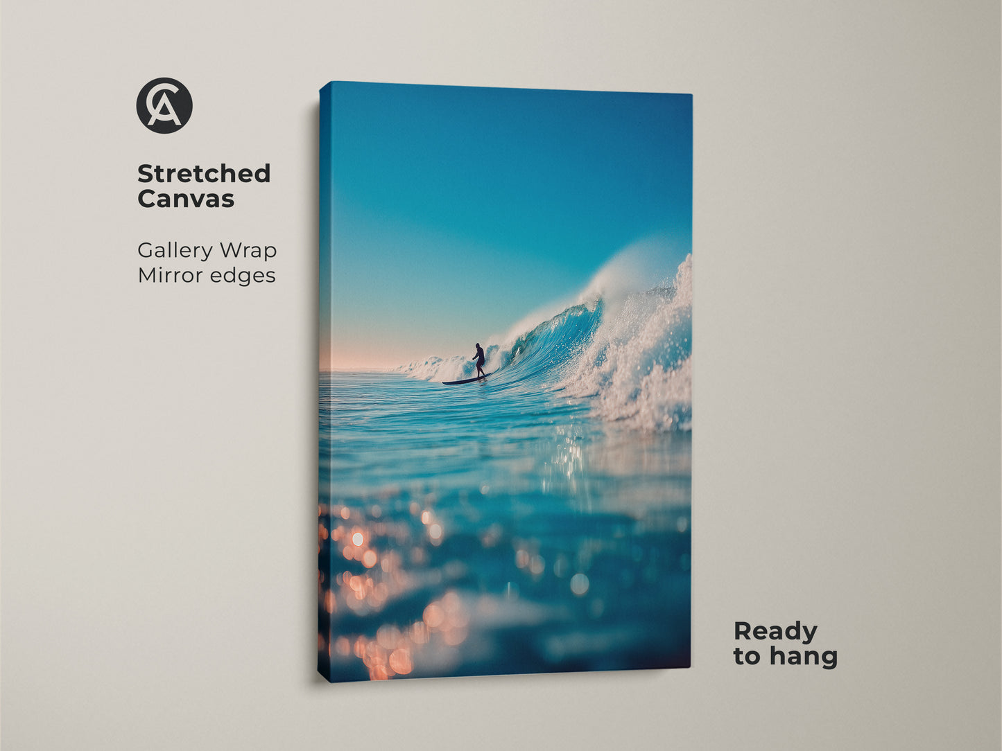 This is a stretched canvas print of a surfer riding a wave. The gallery wrap has mirror edges and it is ready to hang. The art brings a touch of the ocean into your space. It's perfect for beach lovers and surf enthusiasts.