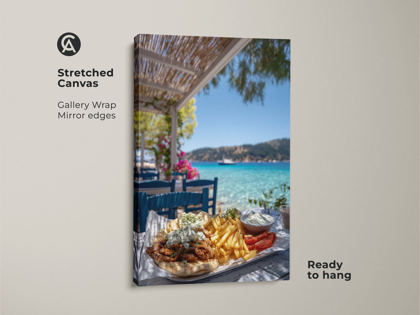 Stretched canvas artwork of a greek gyros platter with tzatziki. This gallery wrap has mirror edges. It's ready to hang. The coastal summer vacation decor makes it a perfect piece of photorealistic food photography. The mediterranean kitchen art is travel inspired.
