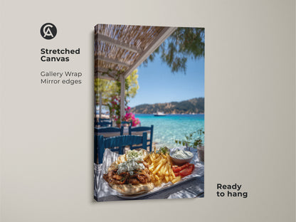 Stretched canvas artwork of a greek gyros platter with tzatziki. This gallery wrap has mirror edges. It's ready to hang. The coastal summer vacation decor makes it a perfect piece of photorealistic food photography. The mediterranean kitchen art is travel inspired.