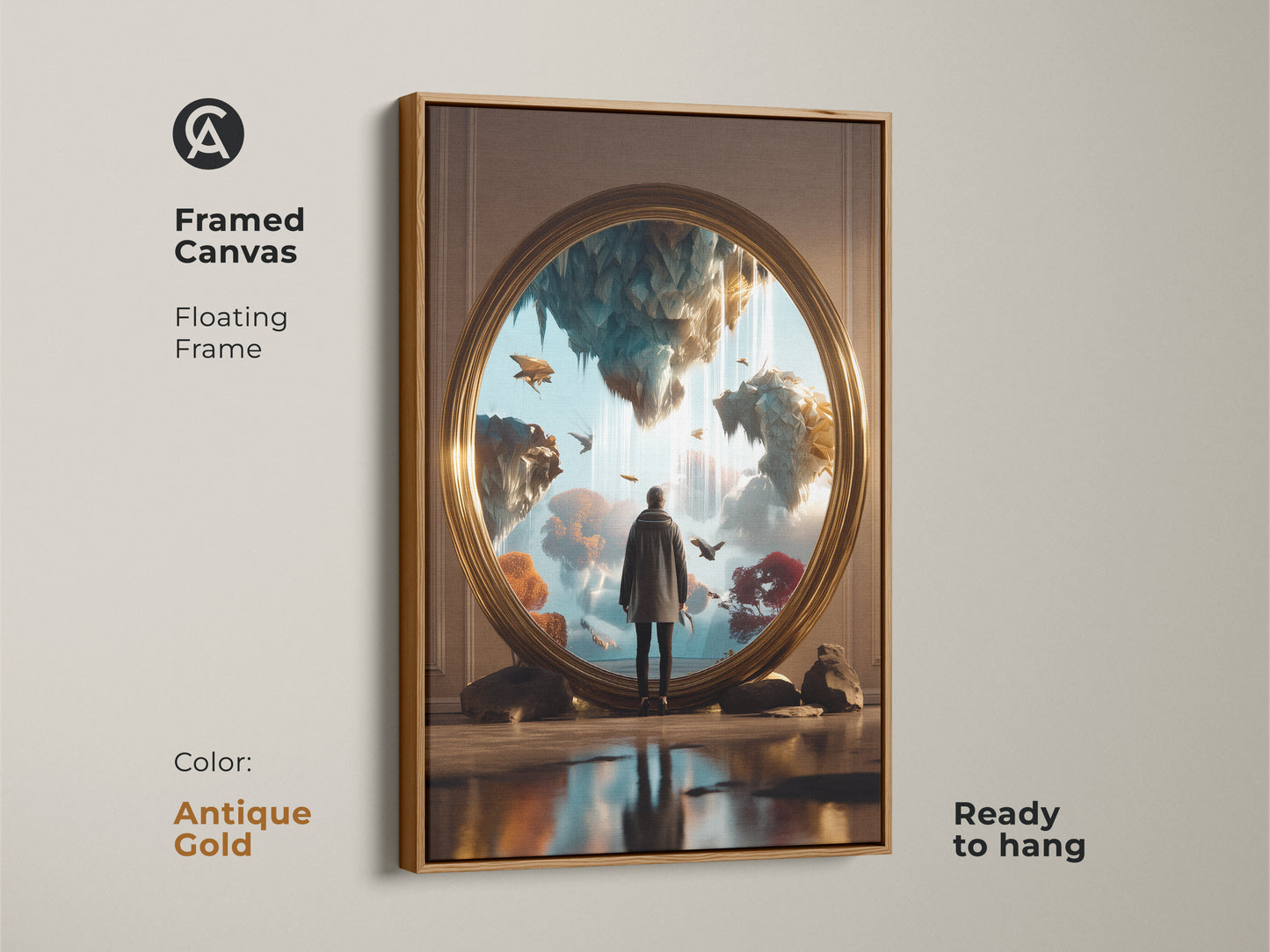 Framed Canvas featuring surreal floating islands art with an antique gold floating frame. This ready to hang fantasy art is ideal for eclectic decor. Gold teal blue wall art adds a unique touch. A dreamer gift for contemplative spaces.