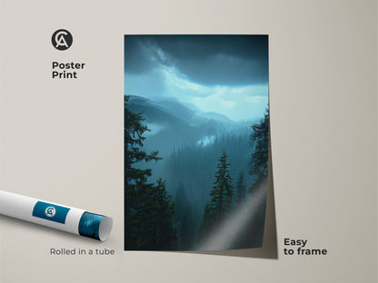 A poster print of deep blue landscape art featuring a moody pine forest. This mountain forest artwork is rolled in a tube. Easy to frame this rustic home decor art. An outdoor lover gift idea. This nature scene wall hanging is ideal for forest cabin decor.