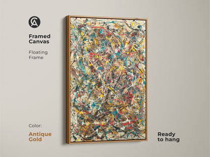 Abstract expressionism canvas art in an antique gold floating frame. The dynamic splatters of color create a captivating focal point. This framed artwork is ready to hang. Enhance your home with this unique piece.