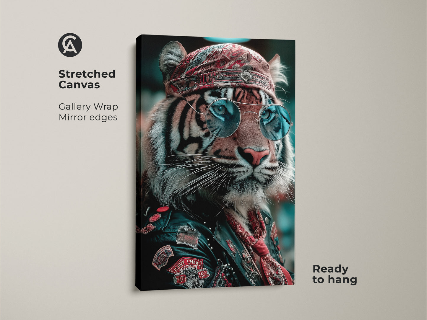 Stretched canvas featuring tiger biker wall art. Gallery wrapped with mirror edges. This cool tiger art is ready to hang. It showcases an animal portrait art that is perfect for a man cave. The sunglasses and bandana add a unique eclectic touch to the wildlife artwork.