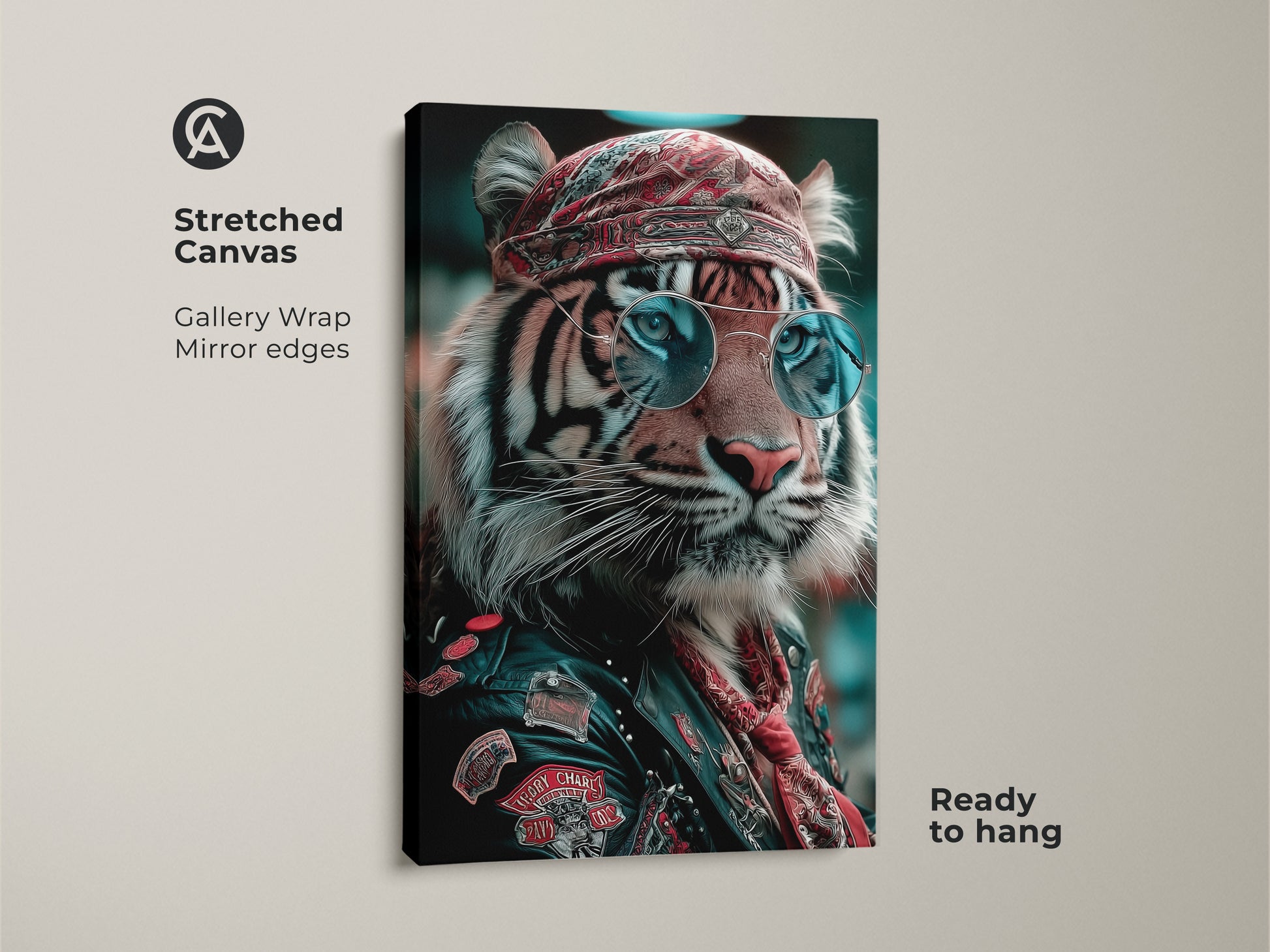 Stretched canvas featuring tiger biker wall art. Gallery wrapped with mirror edges. This cool tiger art is ready to hang. It showcases an animal portrait art that is perfect for a man cave. The sunglasses and bandana add a unique eclectic touch to the wildlife artwork.