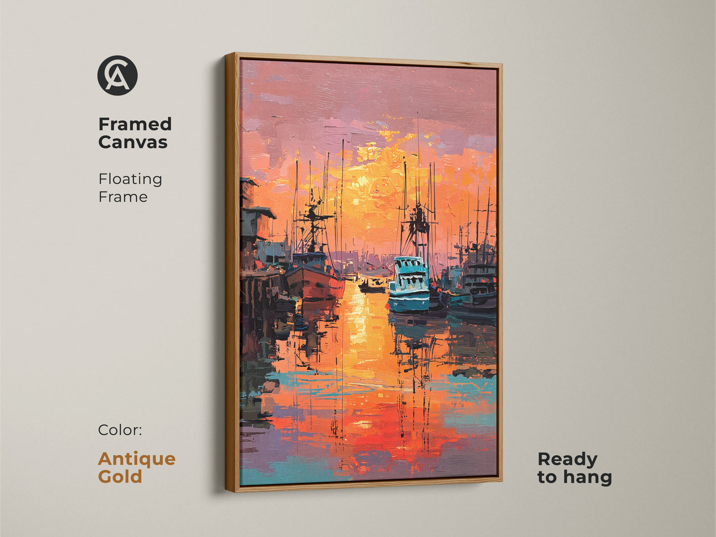 Framed in antique gold this artwork captures a colorful harbor sunset. The floating frame highlights the beauty of the marine artwork. It is ready to hang and brings warmth to any space. The oil painting style adds texture.