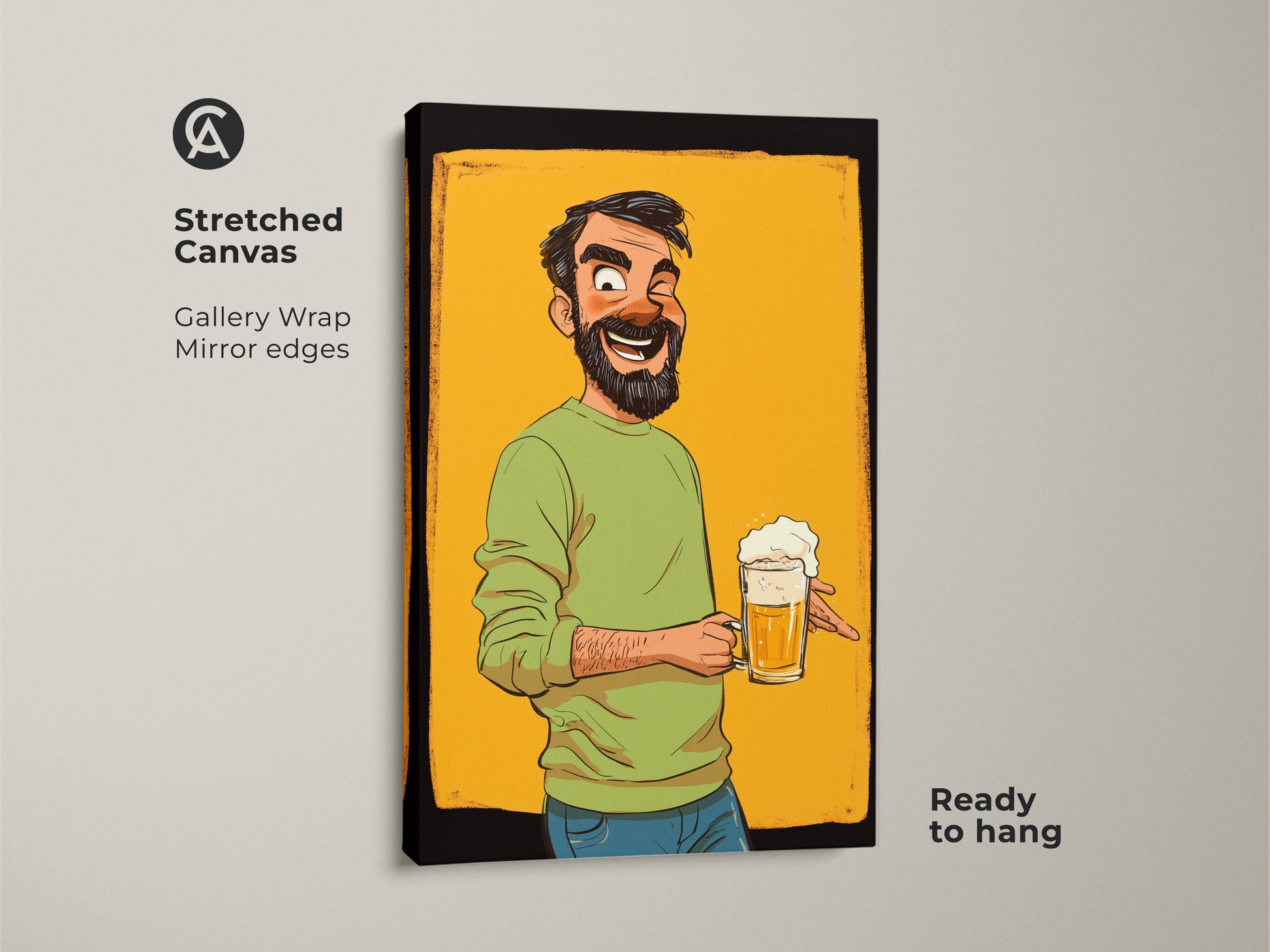 Stretched canvas art print shows a humorous cartoon man. He is joyfully winking while holding a beer mug. It's ideal man cave decor and a beer lover gift. The gallery wrap has mirror edges.