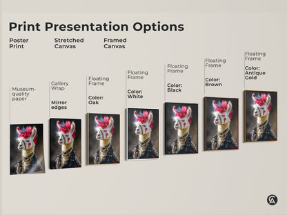 Print presentation options showcasing a Punk Llama artwork in poster stretched and framed canvas. See the floating frame color options. This animal art offers bold and eclectic art to any home decor.