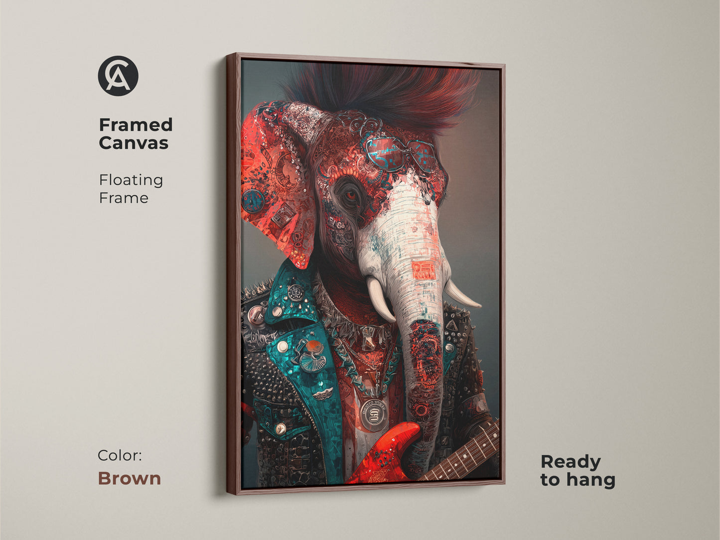 A framed canvas in brown showcasing a surrealist elephant with a guitar. This punk rock animal art is an eclectic and vibrant piece. It is ready to hang great for office wall decor.