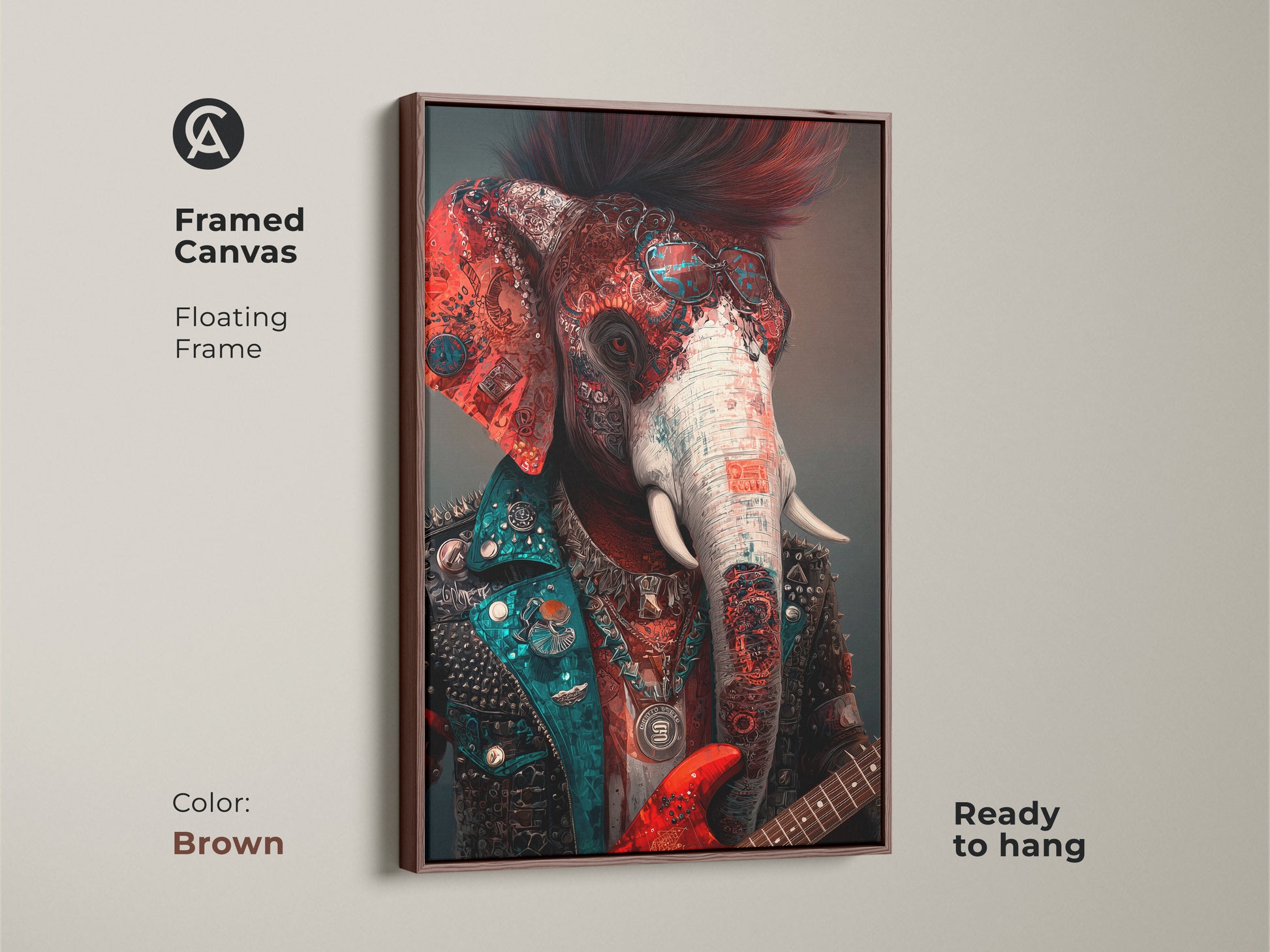 A framed canvas in brown showcasing a surrealist elephant with a guitar. This punk rock animal art is an eclectic and vibrant piece. It is ready to hang great for office wall decor.
