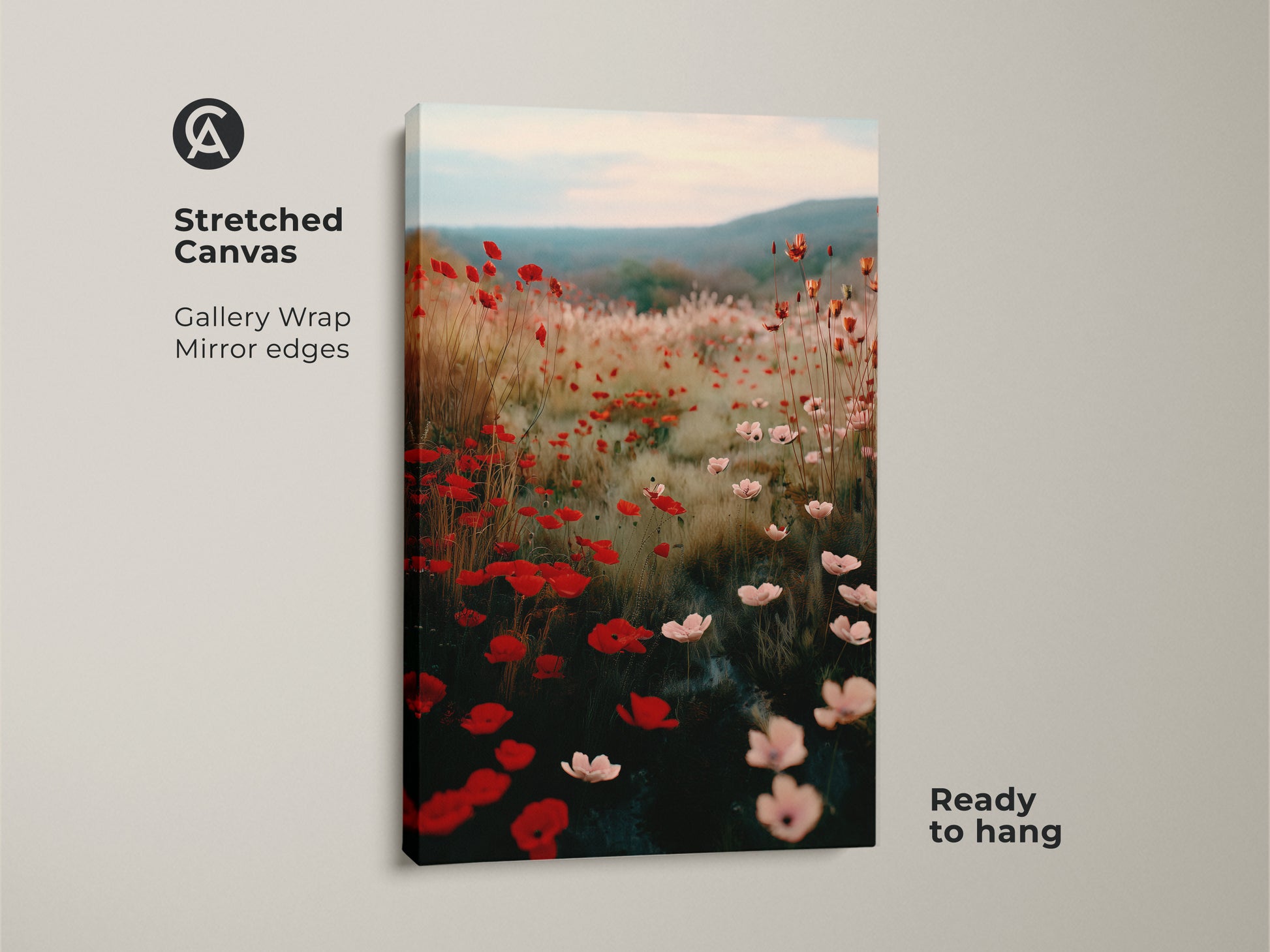 Stretched canvas showcasing a Crimson Red Poppy Field artwork. This impressionistic floral canvas with gallery wrap mirror edges is ready to hang. It features soft pink wildflower art making it a thoughtful nature lover gift. Ideal as boho bedroom wall art.