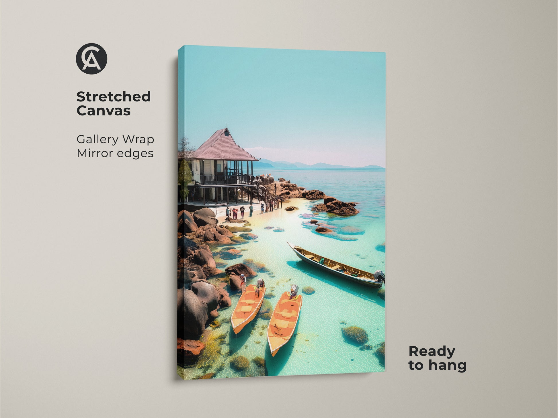 Stretched coastal canvas art featuring a tropical beach scene. The gallery wrap with mirror edges enhances the aqua blue ocean landscape. Ready to hang this seaside hut and boats artwork brings a touch of coastal serenity to any room. Ideal for travel enthusiasts.
