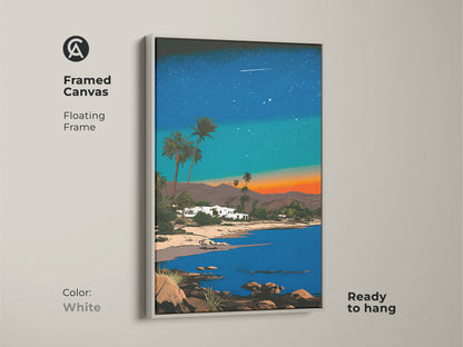This framed canvas with a white floating frame showcases retro futurism coastal artwork. Synthwave style palm trees and ocean view bring life to any room. Perfect travel themed wall hanging art.