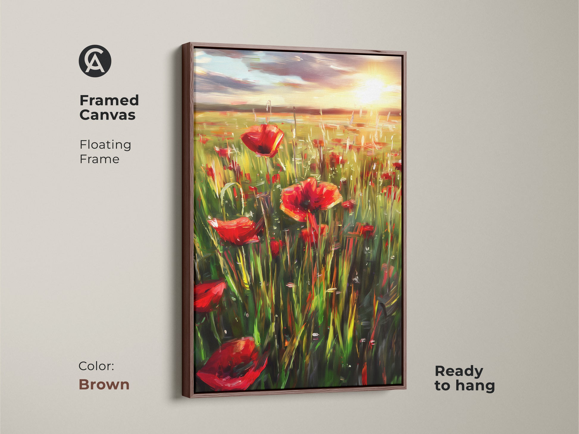 Framed canvas with a floating frame of a red floral poppy field. The brown frame complements the impressionist landscape artwork. Ready to hang this boho wall decor is a great gift. A summer meadow painting for garden lovers and nature enthusiasts.
