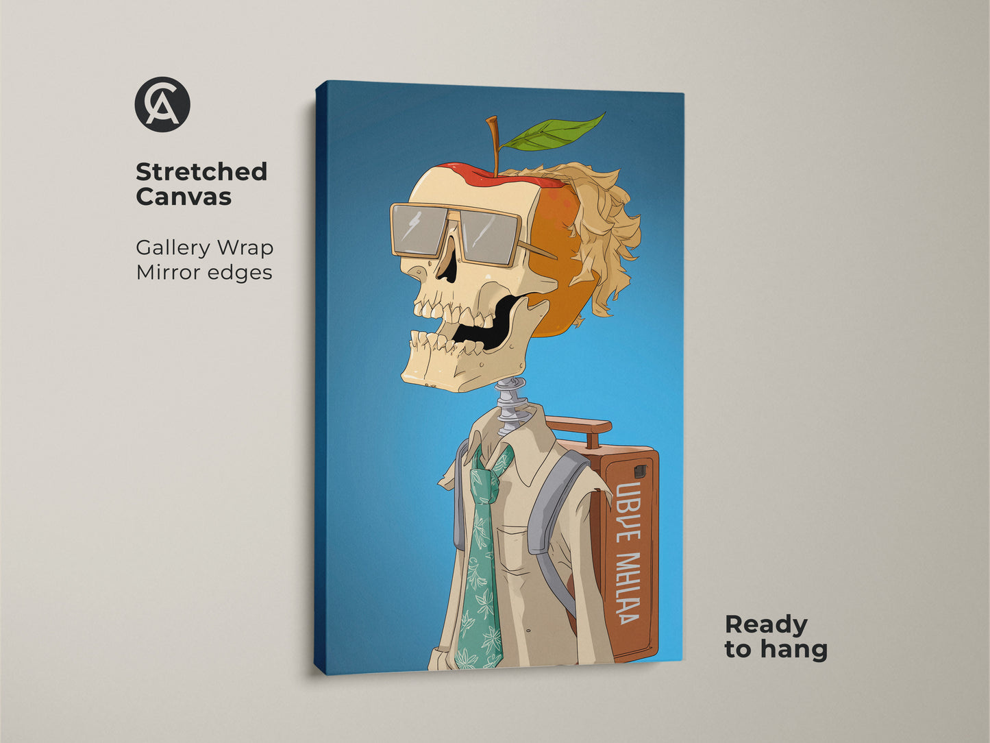 Stretched canvas art print of a skeleton apple head. The gallery wrapped canvas features mirror edges and is ready to hang. This unique piece adds a modern art feel to any space. The artwork features a skeleton with an apple for a head wearing glasses.
