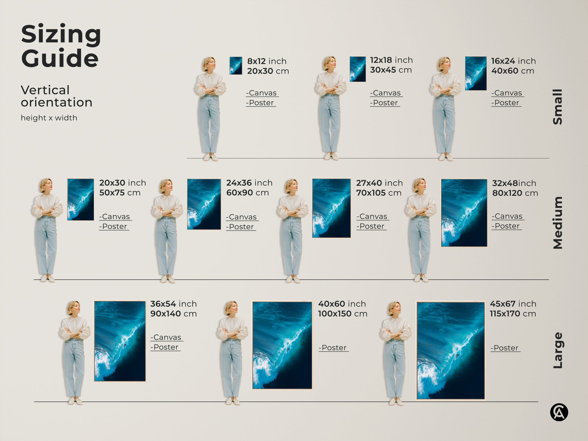 Explore the sizing guide for vertical artwork. See how the surfer riding a blue wave looks in various sizes. Available in canvas and poster prints. Find the perfect fit for your space. Elevate your home decor with stunning wave art