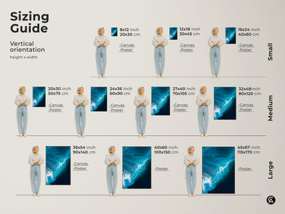 Explore the sizing guide for vertical artwork. See how the surfer riding a blue wave looks in various sizes. Available in canvas and poster prints. Find the perfect fit for your space. Elevate your home decor with stunning wave art