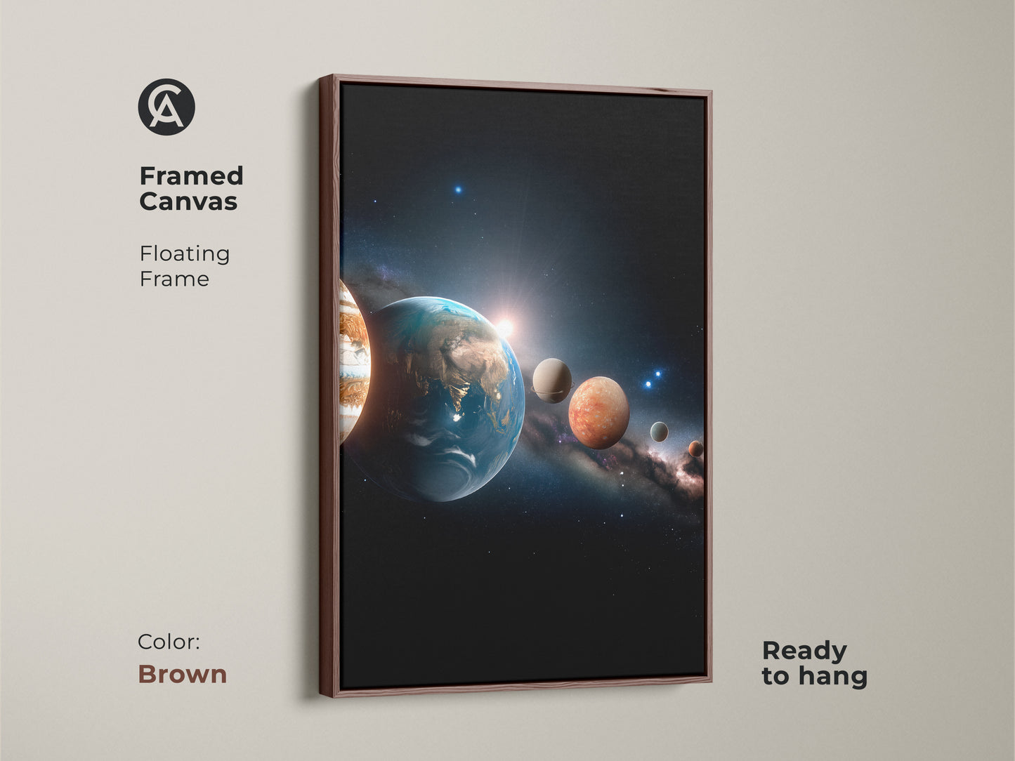 Framed canvas showcasing a solar system artwork. The floating frame is in a warm brown color. This ready-to-hang artwork complements any room with its earthy tones. The planets are displayed in space.
