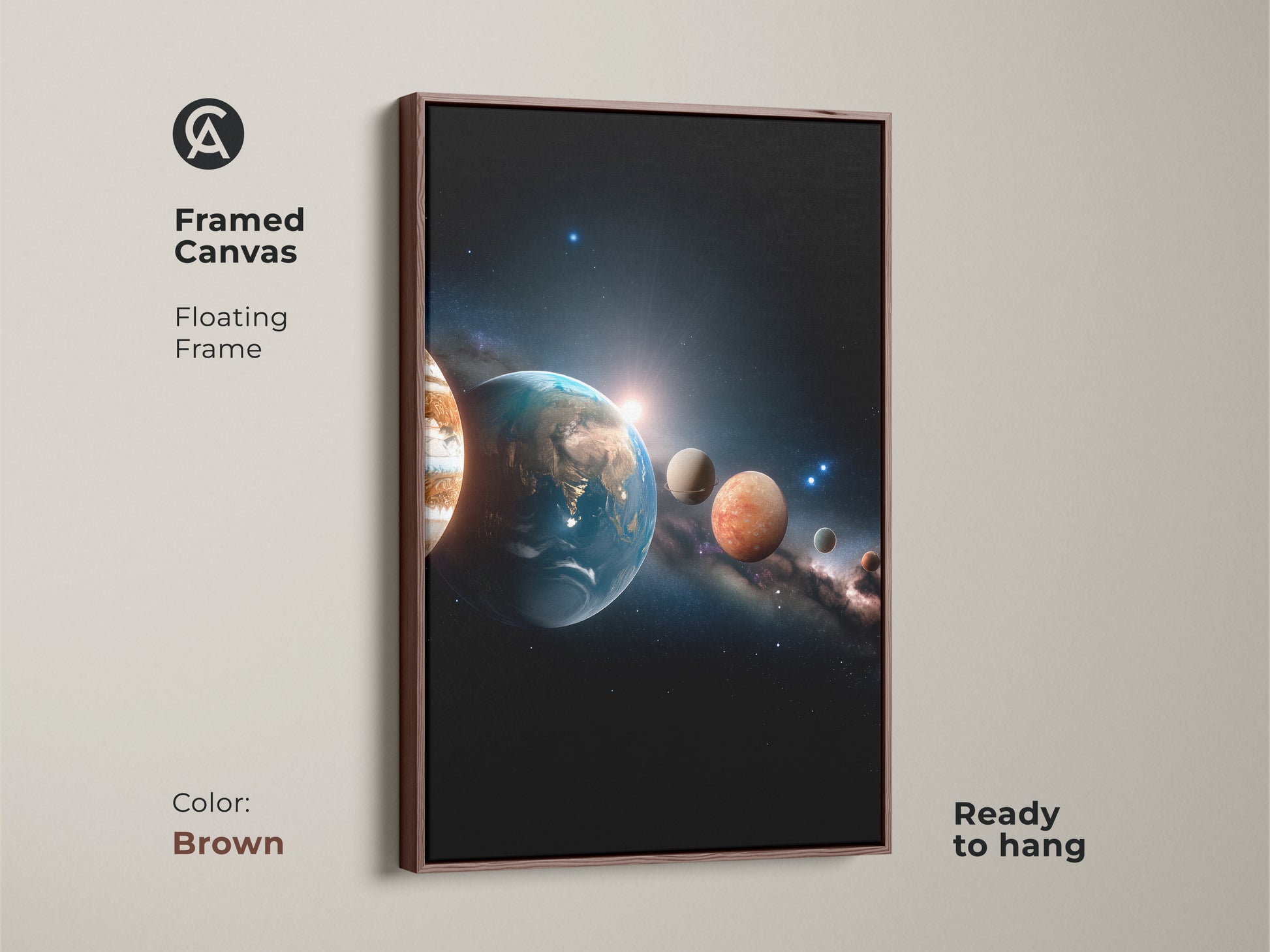 Framed canvas showcasing a solar system artwork. The floating frame is in a warm brown color. This ready-to-hang artwork complements any room with its earthy tones. The planets are displayed in space.