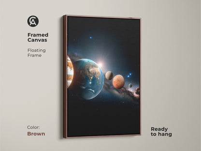 Framed canvas showcasing a solar system artwork. The floating frame is in a warm brown color. This ready-to-hang artwork complements any room with its earthy tones. The planets are displayed in space.
