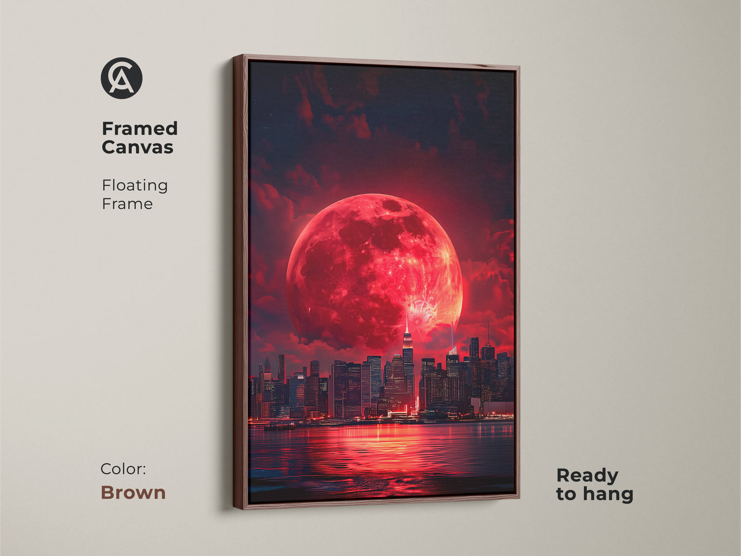 Framed canvas featuring a surreal cityscape under a crimson moon. This fantasy skyline artwork has a floating frame in brown. Ready to hang this urban wall decor adds a dramatic touch to bedrooms living rooms or offices.
