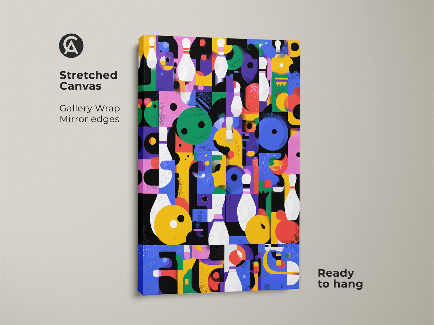 Stretched Canvas Print of Geometric Abstract. Retro bowling artwork in mid-century modern style. Ready to hang with gallery wrapped edges. Perfect colorful eclectic decor for a game room or office. A vibrant art gift.