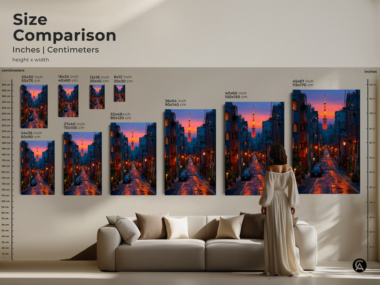 Size comparison of Tokyo Tower canvas prints in inches and centimeters. Visualize how this urban scene decor fits above a sofa. Choose from various sizes of this contemporary piece showcasing deep blue and orange art. The perfect housewarming gift for travelers and city dwellers who love Tokyo.