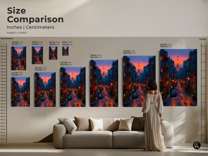 Size comparison of Tokyo Tower canvas prints in inches and centimeters. Visualize how this urban scene decor fits above a sofa. Choose from various sizes of this contemporary piece showcasing deep blue and orange art. The perfect housewarming gift for travelers and city dwellers who love Tokyo.