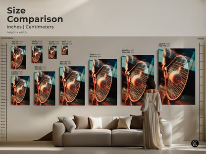 Size comparison for tennis racket and ball art prints. See how different sizes look above a couch. Visualize the perfect canvas or poster size for your space with this comparison guide.