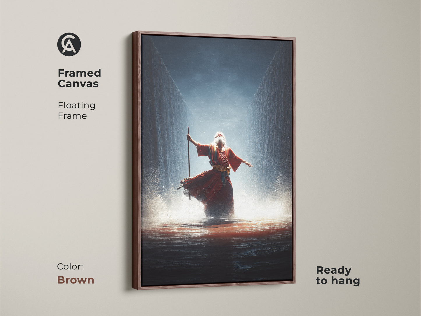 This framed canvas showcases Moses parting the Red Sea. The floating frame is brown and ready to hang. The crimson and gold artwork brings a sense of awe. Elevate your decor with this religious narrative wall art.