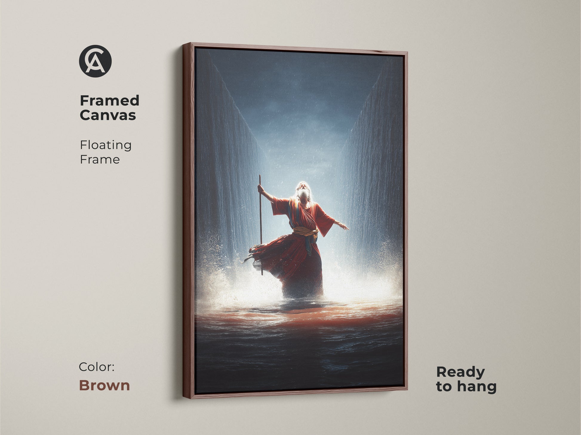 This framed canvas showcases Moses parting the Red Sea. The floating frame is brown and ready to hang. The crimson and gold artwork brings a sense of awe. Elevate your decor with this religious narrative wall art.