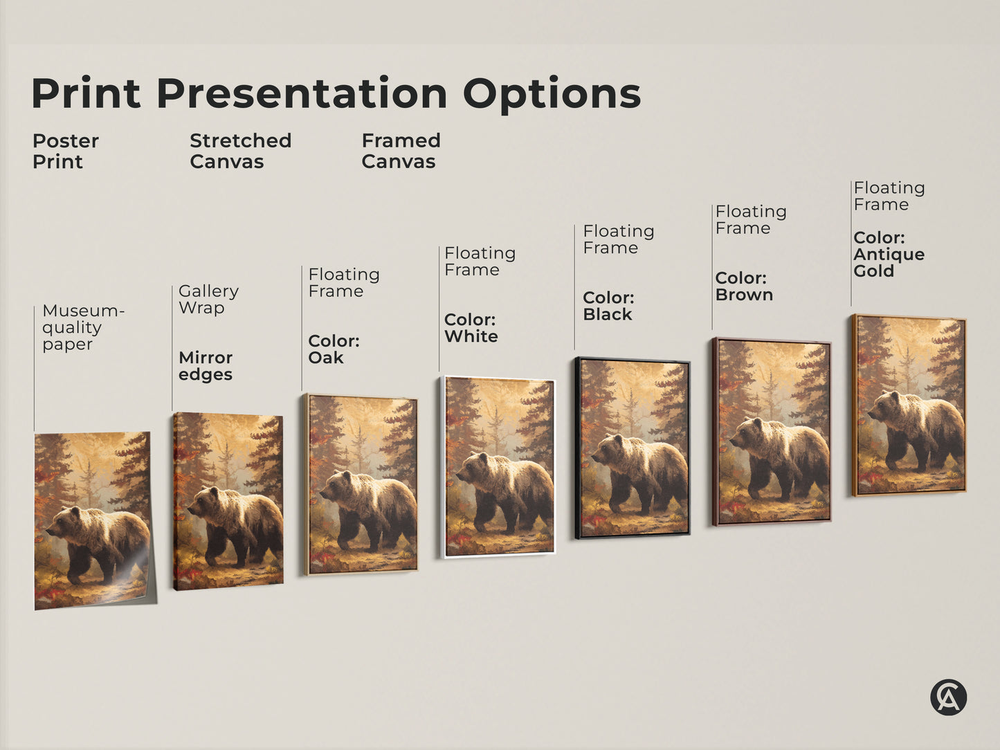 Print presentation options include poster print stretched canvas and framed canvas. Choose from various floating frame colors to showcase the bear art. Find the perfect style.