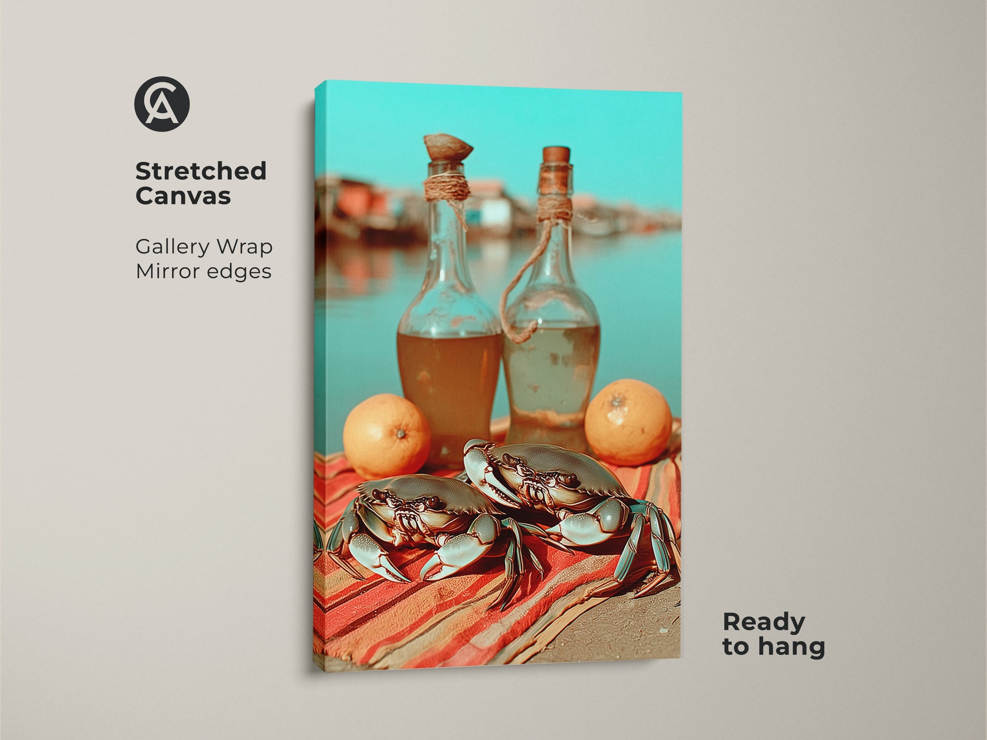 Stretched canvas art print shows coastal crab and lemon artwork. This boho kitchen wall decor is ready to hang. Gallery wrap and mirror edges complete this art piece. Orange red and turquoise colors pop in this foodie housewarming gift. It is a unique seaside still life canvas.