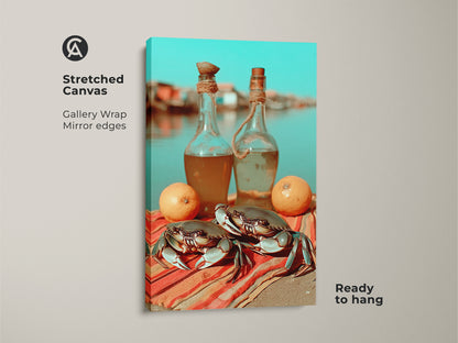Stretched canvas art print shows coastal crab and lemon artwork. This boho kitchen wall decor is ready to hang. Gallery wrap and mirror edges complete this art piece. Orange red and turquoise colors pop in this foodie housewarming gift. It is a unique seaside still life canvas.