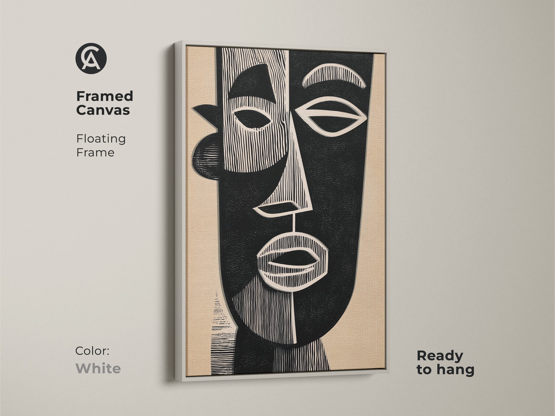 This framed white canvas features a striking abstract face. It showcases a blend of Mid-Century Modern and Bauhaus styles. The white frame enhances the black and beige palette. This figurative portrait is ready to hang. It adds a clean and modern touch to any room.