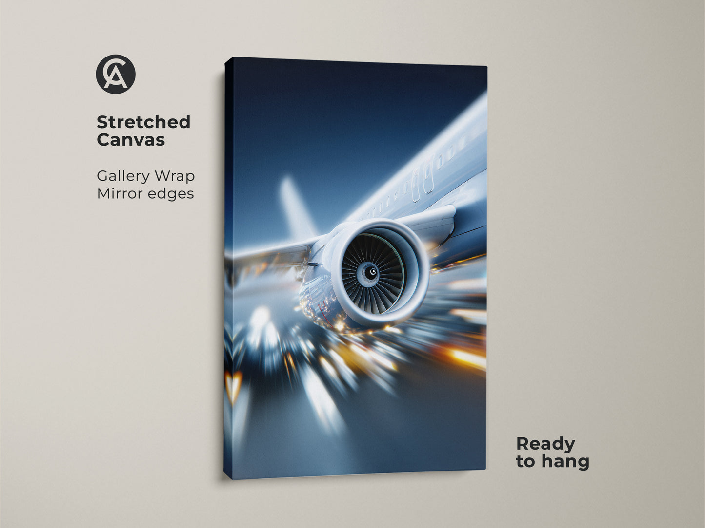 Stretched canvas of a jet engine artwork ready to hang. The gallery wrap with mirror edges showcases futuristic aviation art in deep blue and silver. Ideal modern office wall art.