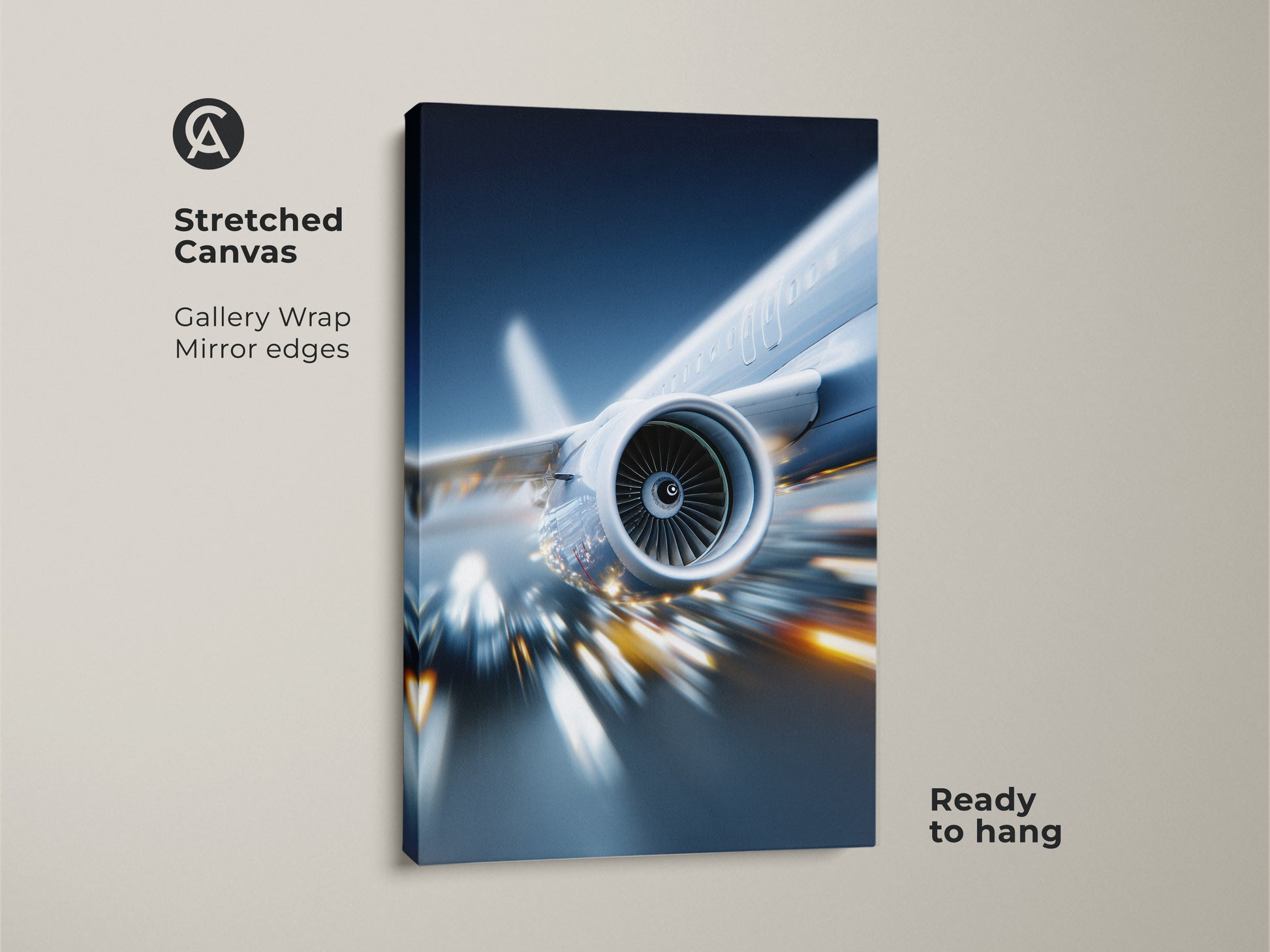 Stretched canvas of a jet engine artwork ready to hang. The gallery wrap with mirror edges showcases futuristic aviation art in deep blue and silver. Ideal modern office wall art.