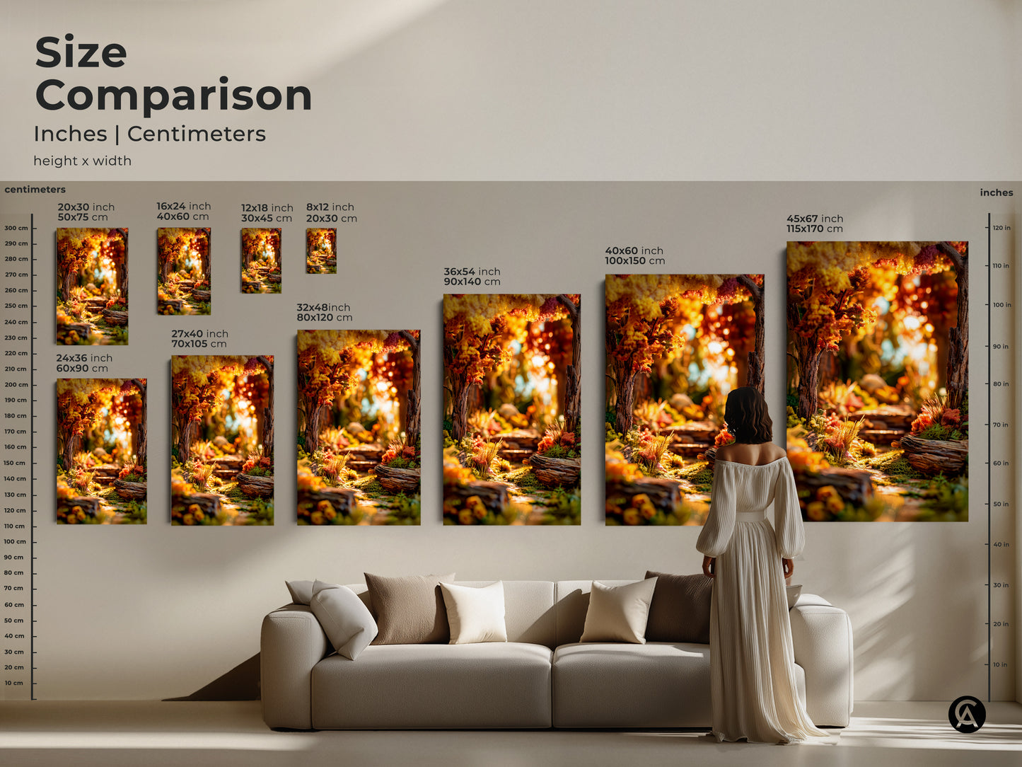 Size comparison of forest path art prints. See how the artwork looks in different sizes. Visualize canvas and poster options. From small accents to large statement pieces find your perfect art.