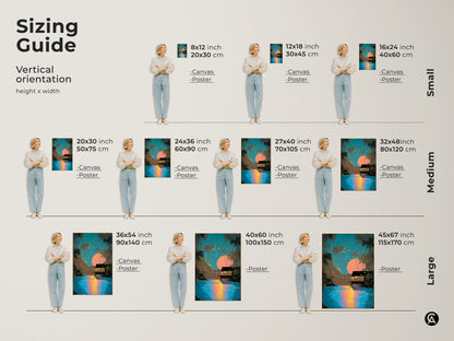 Sizing guide for retro tropical art prints showing vertical orientation options for canvas and poster prints. Visualize how the palm trees beach hut and teal pink landscape will fit in your space with small medium and large sizes.