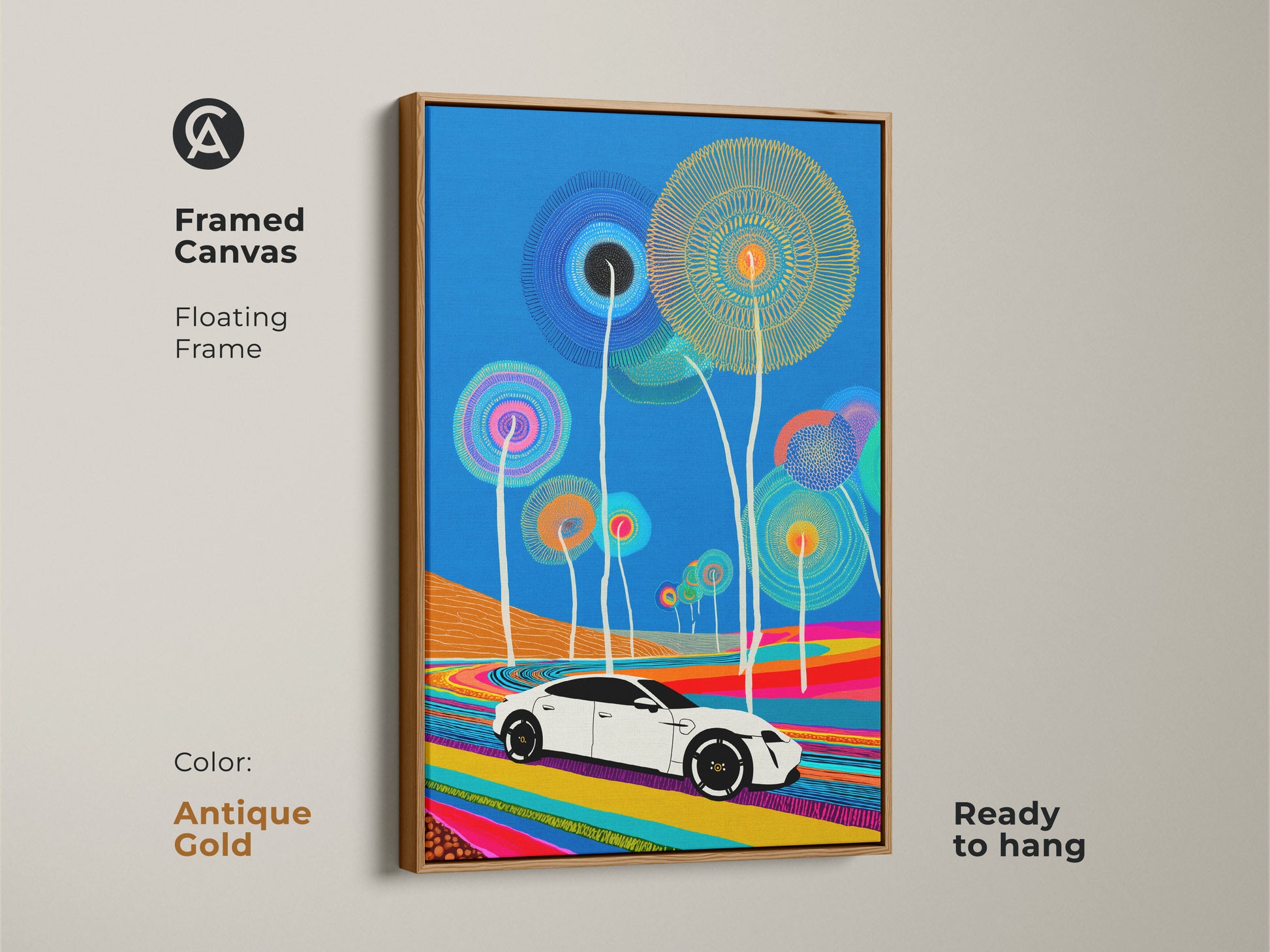This is framed canvas with an antique gold floating frame. It features modern abstract electric car art. See the colorful road under a blue sky. This whimsical nature car art is ready to hang. It's ideal for housewarming gifts.