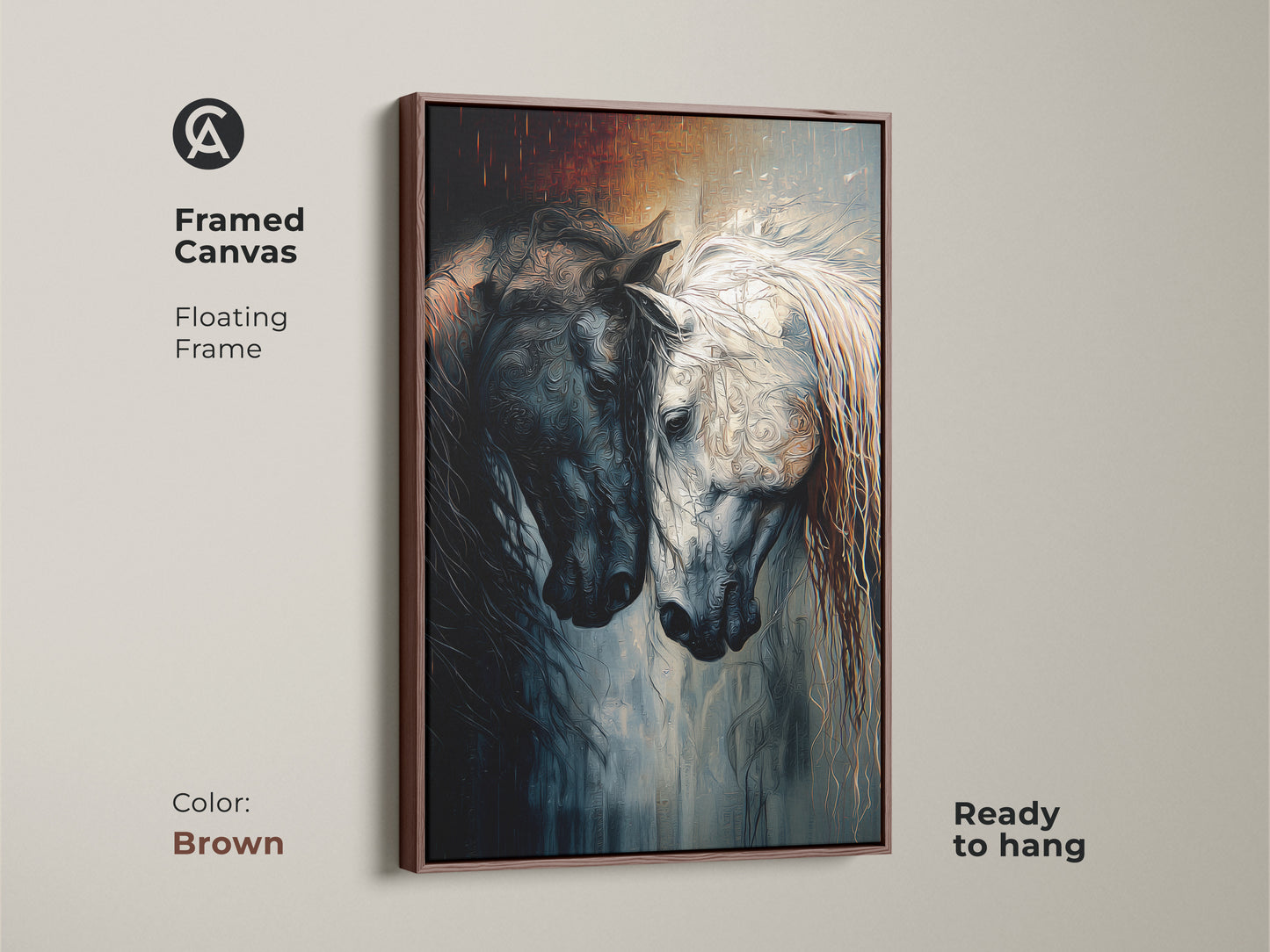 Brown Framed Canvas of Abstract Indigo Horses. The floating frame complements this black and white equine artwork. This fantasy animal print is ready to hang and adds an eclectic touch to any room.
