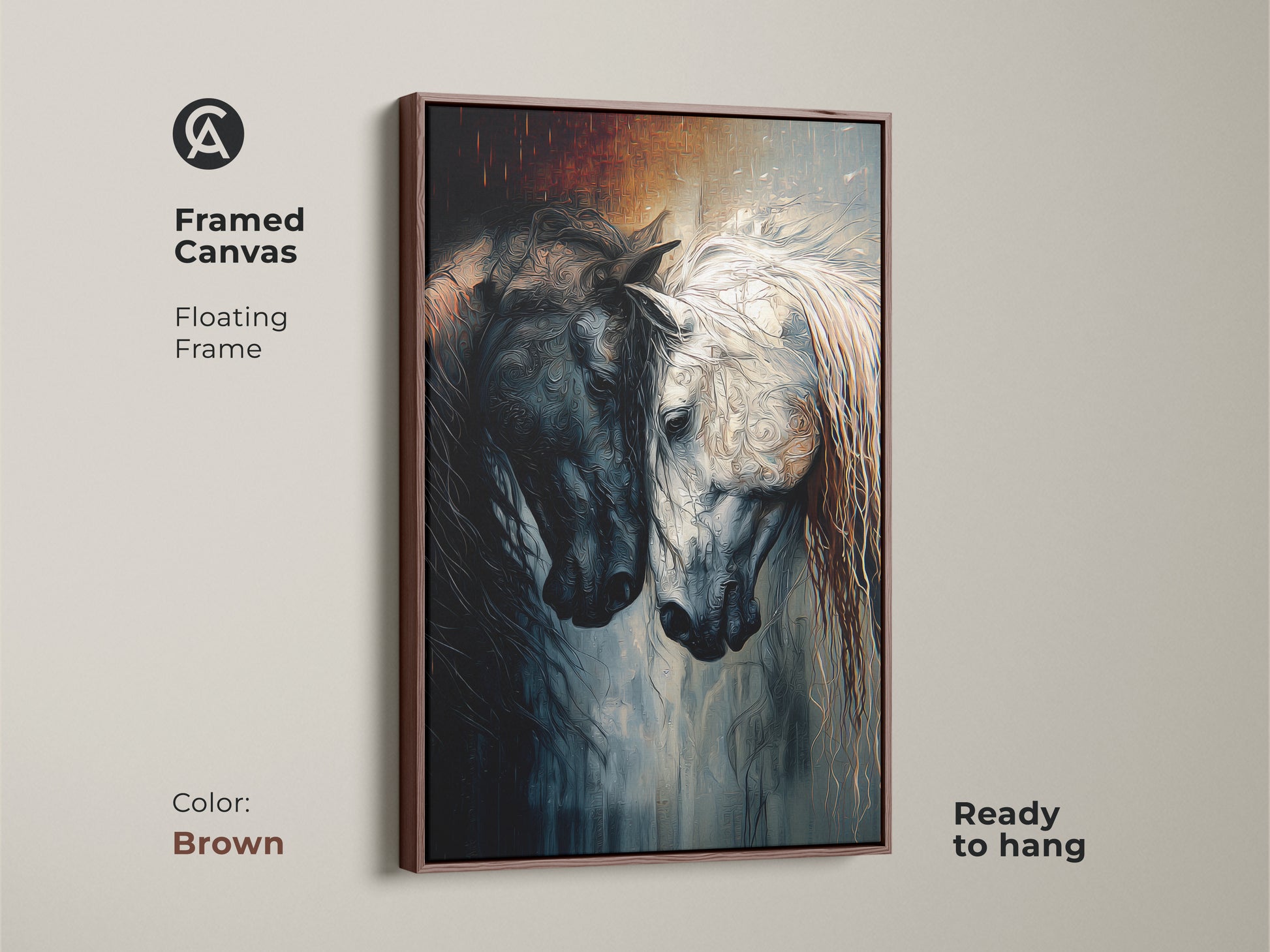 Brown Framed Canvas of Abstract Indigo Horses. The floating frame complements this black and white equine artwork. This fantasy animal print is ready to hang and adds an eclectic touch to any room.