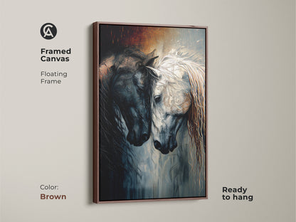 Brown Framed Canvas of Abstract Indigo Horses. The floating frame complements this black and white equine artwork. This fantasy animal print is ready to hang and adds an eclectic touch to any room.