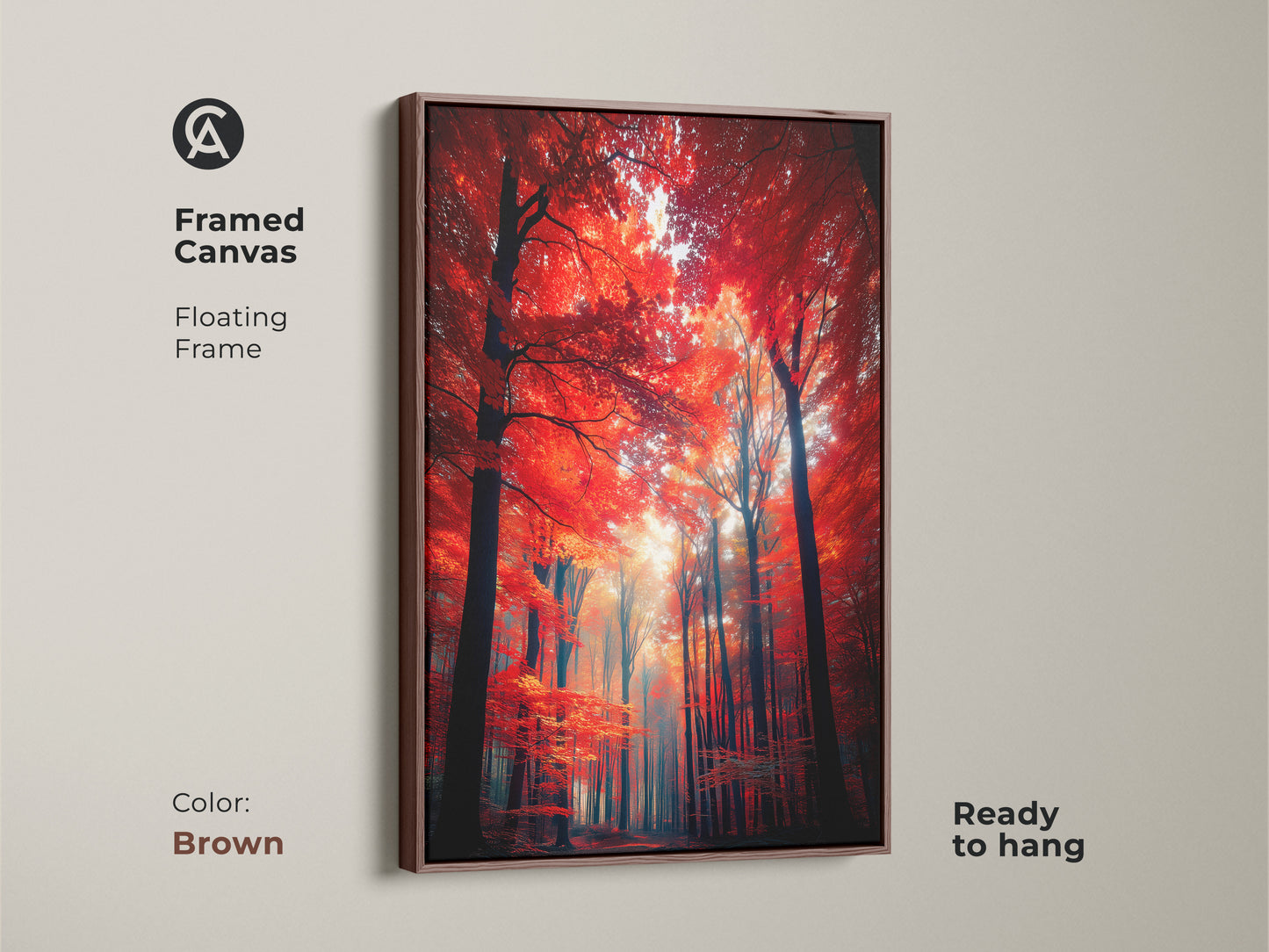Framed canvas art showcasing a vibrant red forest. The floating frame in brown provides a warm accent. This ready-to-hang artwork brings nature's beauty to your walls. An ideal statement piece for enhancing home decor.