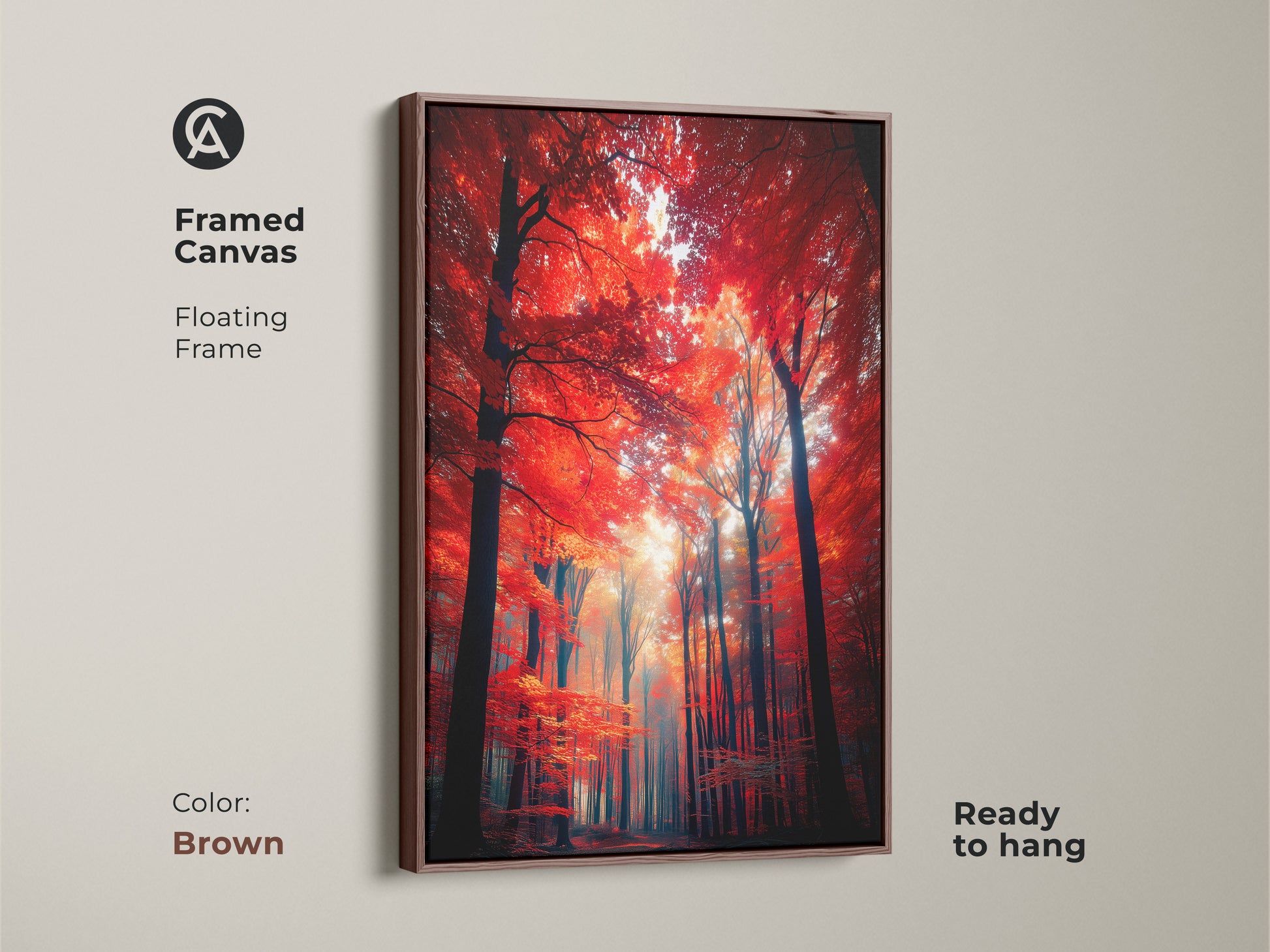 Framed canvas art showcasing a vibrant red forest. The floating frame in brown provides a warm accent. This ready-to-hang artwork brings nature's beauty to your walls. An ideal statement piece for enhancing home decor.