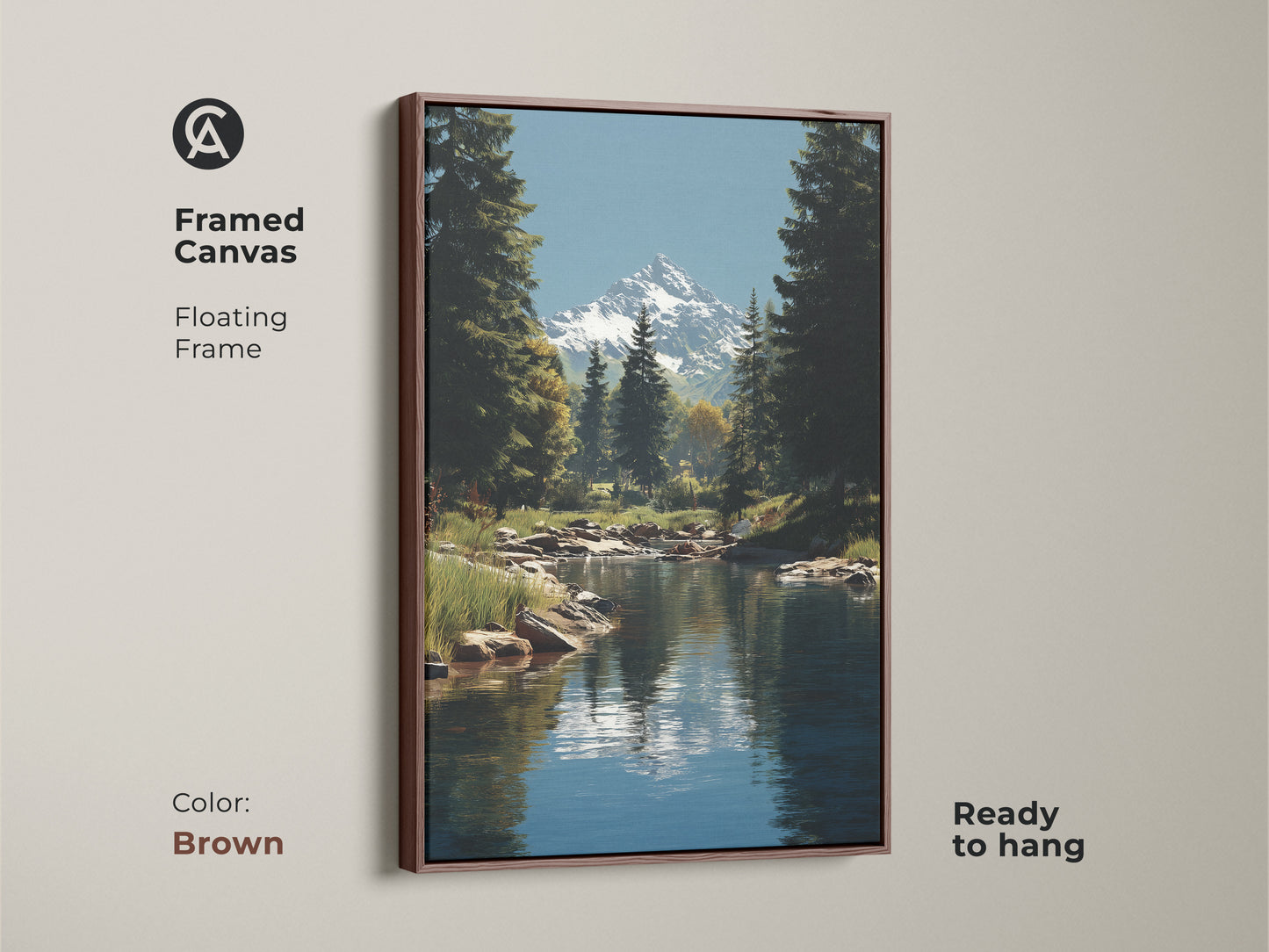 Framed canvas print in brown showcasing a mountain river landscape with snow-capped peaks and forest pine trees. Ready to hang this rustic nature artwork is perfect for complementing nature-inspired interiors. Its tranquil river art enhances any room.