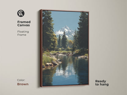 Framed canvas print in brown showcasing a mountain river landscape with snow-capped peaks and forest pine trees. Ready to hang this rustic nature artwork is perfect for complementing nature-inspired interiors. Its tranquil river art enhances any room.