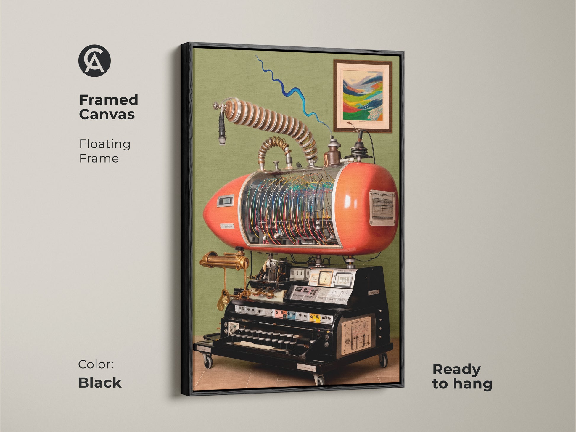 Framed canvas with a floating frame in black showcasing steampunk invention wall art. The retrofuturism machine canvas is ready to hang. Features abstract mechanical art and is ideal for industrial gears artwork print.