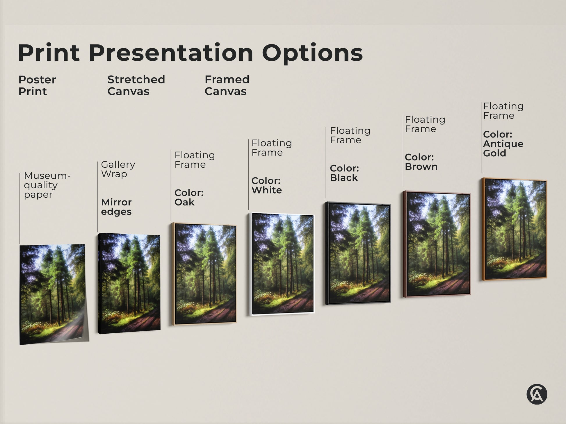 Explore print presentation options with this emerald green forest path artwork. Choose from poster prints or stretched canvas. Framed canvas options include black brown oak antique gold and white. Find the perfect style for your rustic nature decor.