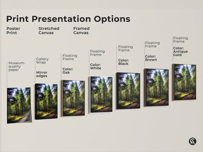 Explore print presentation options with this emerald green forest path artwork. Choose from poster prints or stretched canvas. Framed canvas options include black brown oak antique gold and white. Find the perfect style for your rustic nature decor.